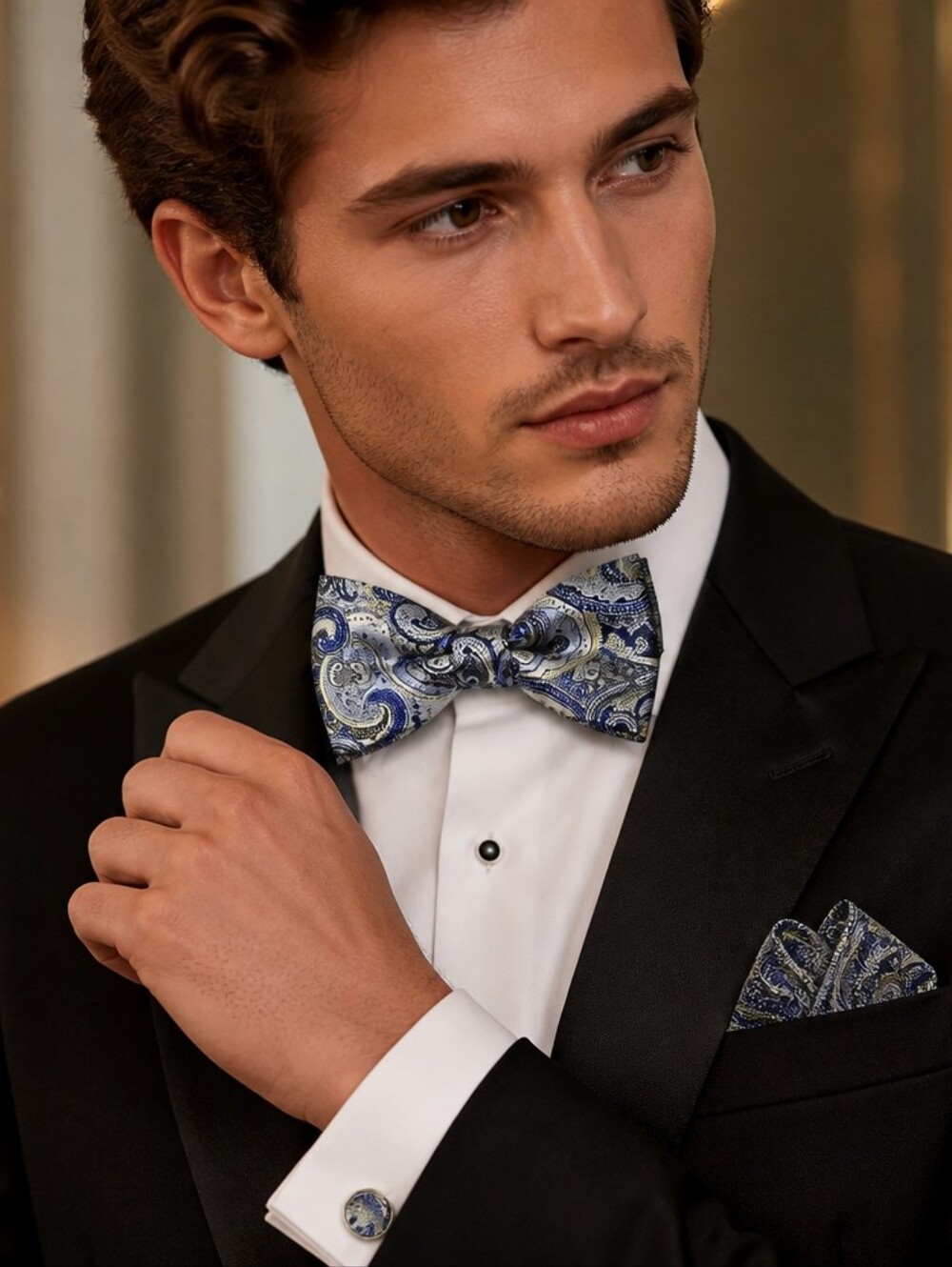 Blue Silver Paisley Bow Tie Pocket Square Cufflinks 4pc Set Wedding Prom Tuxedo